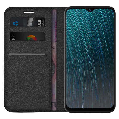 Leather Wallet Case & Card Holder Pouch for Oppo AX5s - Black